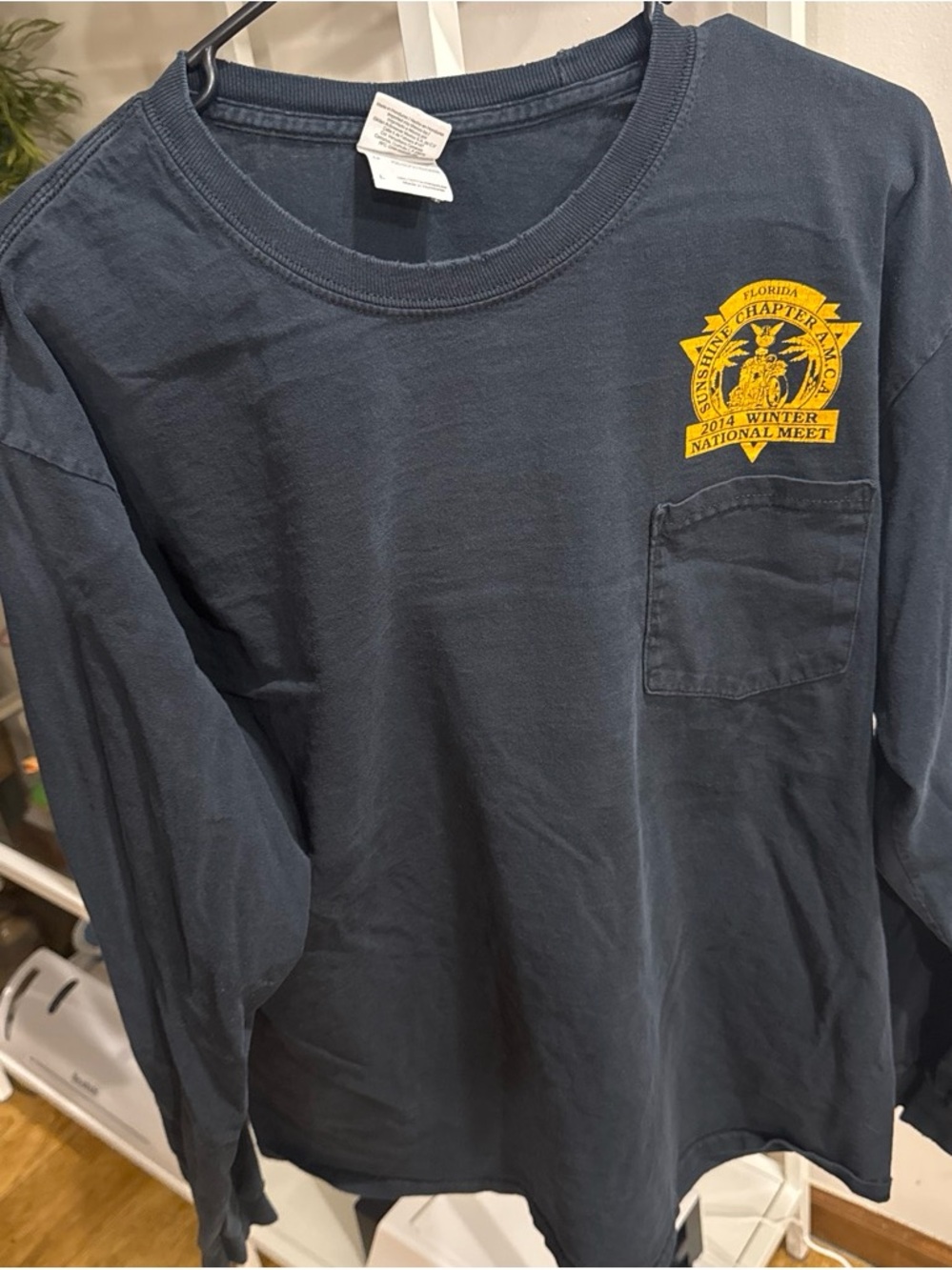 Men's Navy Long-Sleeve Pocket Tee with Yellow Chest Logo